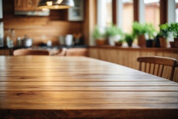 Wooden table on blurred kitchen bench background. Empty wooden table and blurred kitchen background