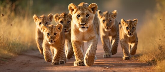 A bunch of lion cubs and lionesses are walking on a road in the savannah showing the beauty of the natural habitat and wildlife - obrazy, fototapety, plakaty