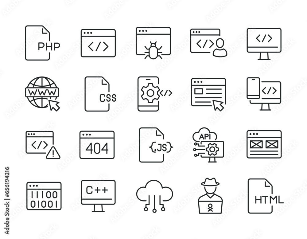 Poster programming coding thin line icons. editable stroke. for website marketing design, logo, app, templa