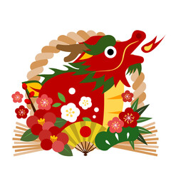 2024年、辰年、和風、イラスト、アイコン、正月、イラスト、年賀状、かわいい、しめ飾り、しめ縄、赤