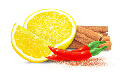 cinnamon, cayenne pepper and lemon isolated on white background