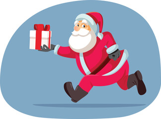 Santa Claus Running with a Gift Box Delivering it Fast Vector Cartoon. Drawing on Christmas celebration design with gifts delivered by Santa
