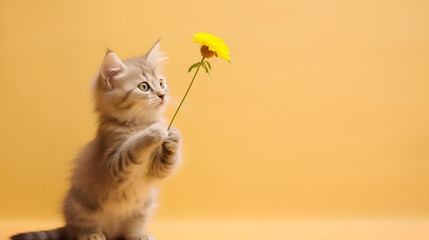 A kitten holds a yellow flower in its paws. Congratulations on the holiday. - obrazy, fototapety, plakaty