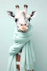 Poster Im Rahmen Portrait of a giraffe in a scarf of a very delicate shade on a mint-colored background. © Свет Лана