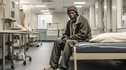 A dark-skinned elderly homeless man is receiving help in the hospital, sitting on a bed.