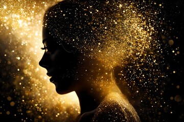 Image of a female woman model silhouette with gold glitter surrounding her.