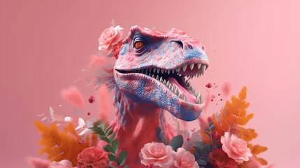 Foto op Plexiglas 3d illustration of a large wild dinosaur in colors on a pink background. Print, designer, clothing, badge, logo. © Свет Лана