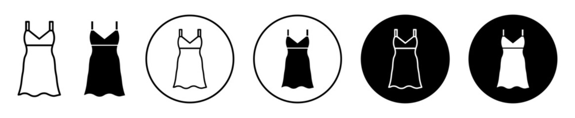 Evening dress icon. Elegant women outfit wear at evening symbol set. Lady wedding gown apparel vector sign. Girl sleeveless cloth line logo. Woman dress logo.
