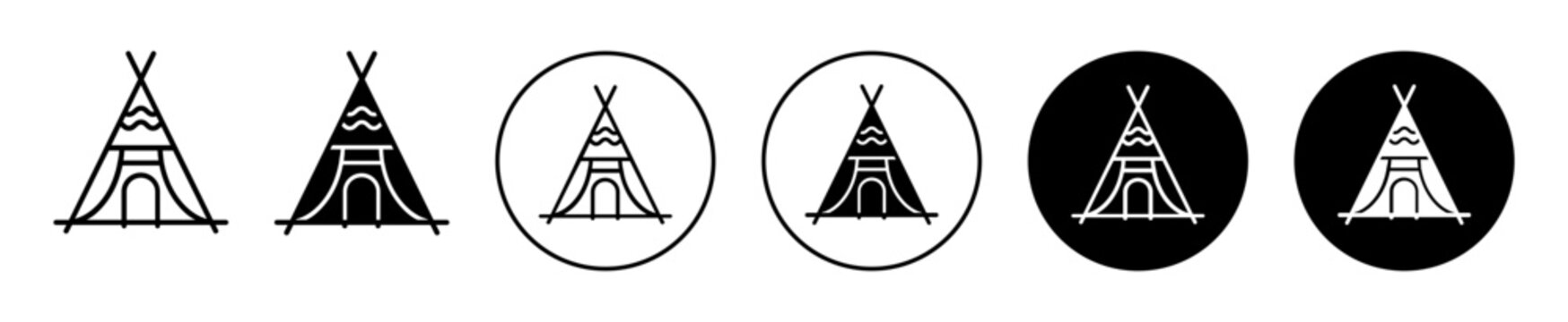 Indian tepee icon. camping in forest with triangle shape shelter symbol set. Indian tepee or tribal tipis vector sign. Ethnic camp site totem or tepee structure line logo. Tipi or teepee icon
