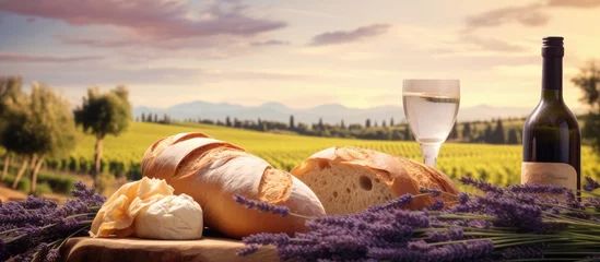 Tuinposter Lovely picnic in a lavender field with delicious food and drink © 2rogan