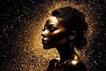 Image of a female woman model silhouette with gold glitter surrounding her. - obrazy, fototapety, plakaty