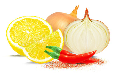 onion, cayenne pepper and lemon isolated on white background