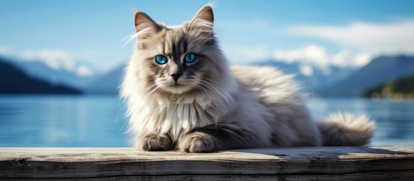 Studio photo of a high quality horizontal Neva Masquerade kitten with blue eyes sitting and looking at the camera on a turquoise background