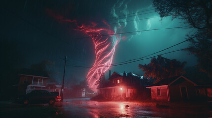 neon tornado hits around, cinematic color grading generative ai