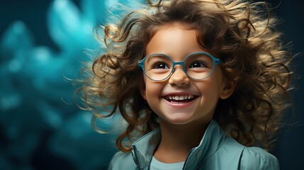 Little girl with glasses has vision problems from an early age, glasses for kids - obrazy, fototapety, plakaty