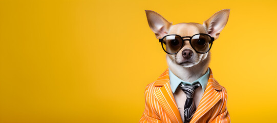 Cool looking dog wearing funky fashion dress - jacket, tie, sunglasses, plain colour background, stylish animal posing as supermodel