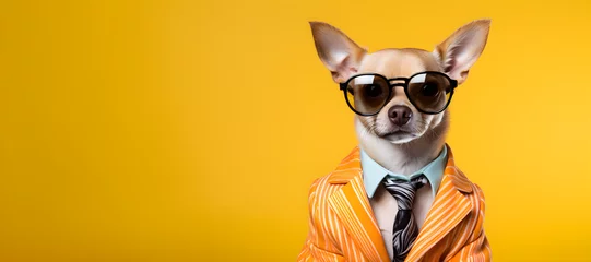 Tuinposter Cool looking dog wearing funky fashion dress - jacket, tie, sunglasses, plain colour background, stylish animal posing as supermodel © sam