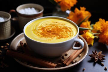 Cup of ayurvedic golden turmeric latte milk with curcuma powder and anise star on black. Healthy drink to improve immunity. - obrazy, fototapety, plakaty