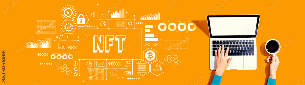 Poster nft theme with person using a laptop computer
