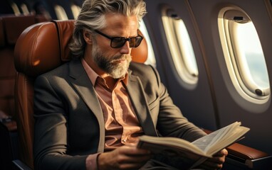 Rich man in suit seating on first class seat place in airplane and reading newspaper. Generative AI