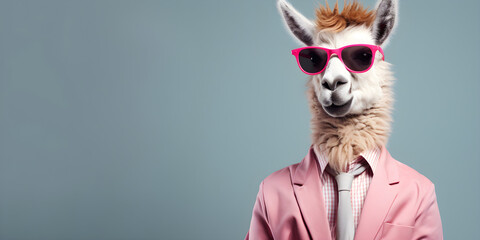Cool looking llama wearing funky fashion dress - jacket, tie, sunglasses, plain colour background, stylish animal posing as supermodel