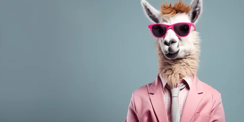 Foto op Plexiglas Cool looking llama wearing funky fashion dress - jacket, tie, sunglasses, plain colour background, stylish animal posing as supermodel © sam
