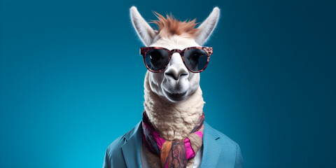 Cool looking llama wearing funky fashion dress - jacket, tie, sunglasses, plain colour background, stylish animal posing as supermodel