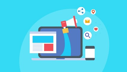Hand holding megaphone with digital marketing elements, business promotion on laptop internet, sales growth graph on mobile screen, video animation 2d clip.