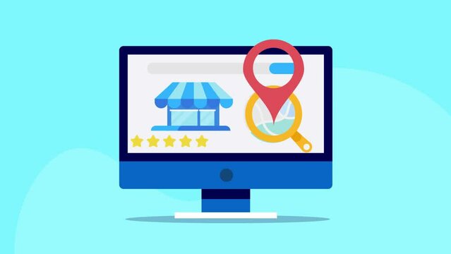 Browsing business location map on search engine page, retail store with customer review on computer screen, SEO marketing conceptual video animation 2d clip.