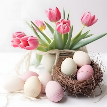 Easter photo with a vase full of fresh pink tulips and a  nest filled with colorful easter eggs. pastel-colored, easter themed still-life photo