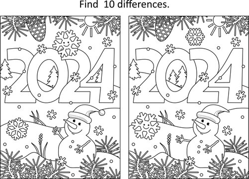 Year 2024 difference game and coloring page with year 2024 heading, cute little snowman, cheerful snowflake and outdoor winter scene
