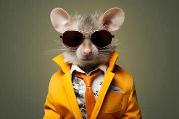 Cool looking mouse wearing funky fashion dress - jacket, tie, sunglasses, plain colour background, stylish animal posing as supermodel - obrazy, fototapety, plakaty