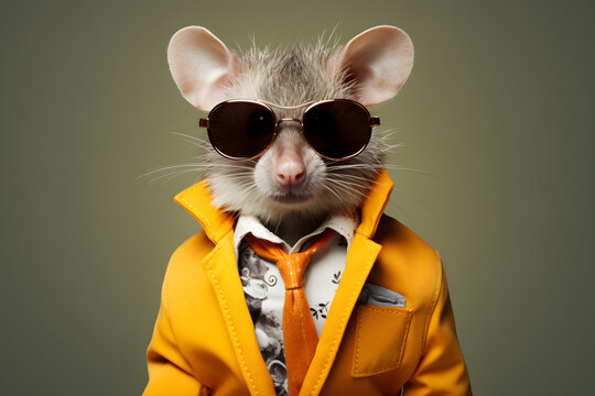 Cool looking mouse wearing funky fashion dress - jacket, tie, sunglasses, plain colour background, stylish animal posing as supermodel