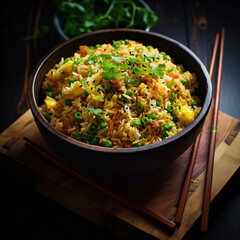 Fried rice, photography, fluffy, savory, colorful, in a wooden bowl with chopsticks, delectable, overhead kitchen lighting, golden yellows and vibrant greens Generative AI