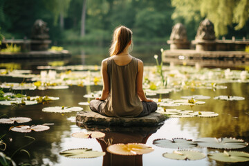 A woman is sitting in meditation in a lotus pond