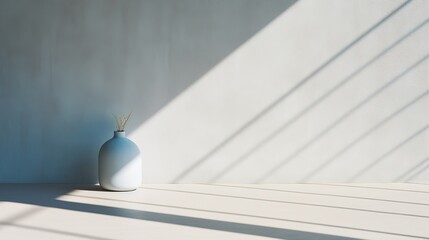 A Minimal abstract background for product presentation. The light and shadow of leaves shining through the window on the gray cement wall, the empty room, the empty space