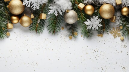 A Winter Theme Banner Background: top view photo of a winter or christmas themed banner background with a border of green fir branches and branches
