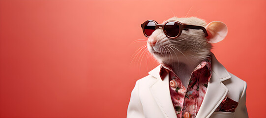 Cool looking rat wearing funky fashion dress - jacket, tie, sunglasses, plain colour background, stylish animal posing as supermodel - obrazy, fototapety, plakaty