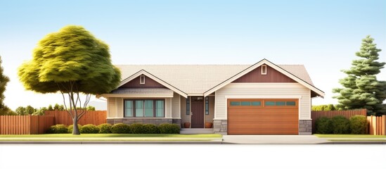 One story house with tan siding and garage
