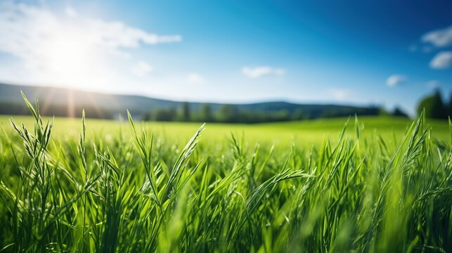 A real photo of Beautiful natural landscape of green fields with grass contrasting with blue sky with sun. Summer blurred background