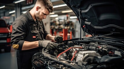 A real photo of The mechanic has been checking, repairing and disposing of the engine in a modern car repair center. - obrazy, fototapety, plakaty