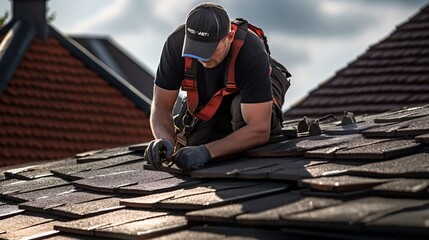 Roof repair, a Specialist in Roof Forming, is the Replacement of roof plates that have been used for a Long time. - obrazy, fototapety, plakaty