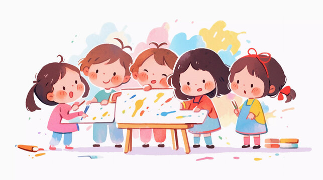 A group of cute preschool girl painting on the wall at the art class. Children's book cute image cartoon character. Fun school activity.
