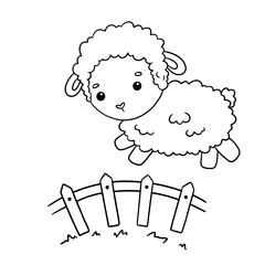 Cute sheep jumping over fence. Counting sheep to fall asleep. Vector outline illustration for children.