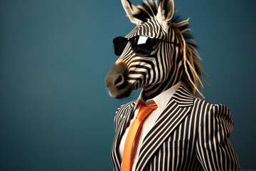 Cool looking zebra wearing funky fashion dress - jacket, tie, sunglasses, plain colour background, stylish animal posing as supermodel - obrazy, fototapety, plakaty