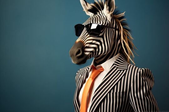 Cool looking zebra wearing funky fashion dress - jacket, tie, sunglasses, plain colour background, stylish animal posing as supermodel
