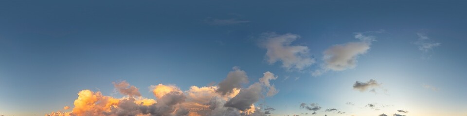 Sunset sky panorama with bright glowing pink Cumulus clouds. HDR 360 seamless spherical panorama. Full zenith or sky dome for 3D visualization, sky replacement for aerial drone panoramas. © panophotograph