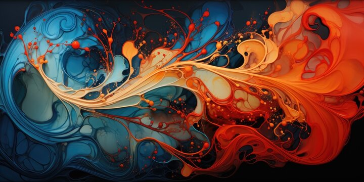 Abstract fluid paint drip swirl art. Colorful bursts of watercolor on wallpaper background. Pattern texture. 