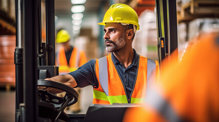 A logistics employee is operating a forklift truck in a busy warehouse.