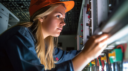 A female commercial electrician at work on a fuse box, adorned in safety gear.